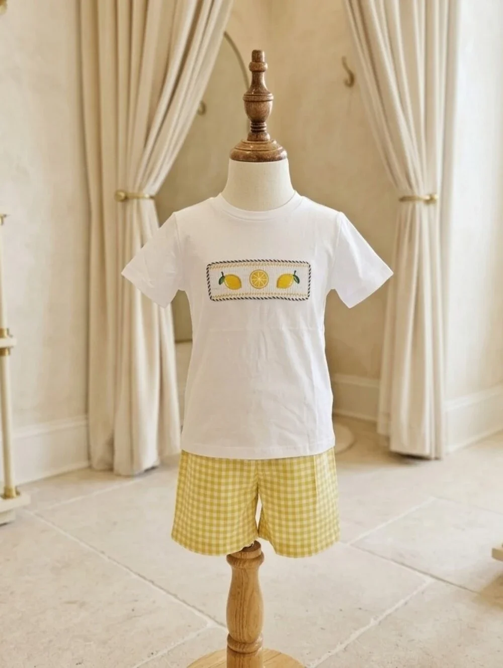 Lil Cactus White Smocked Lemons & Yellow Gingham Shorts Set Size 6Y